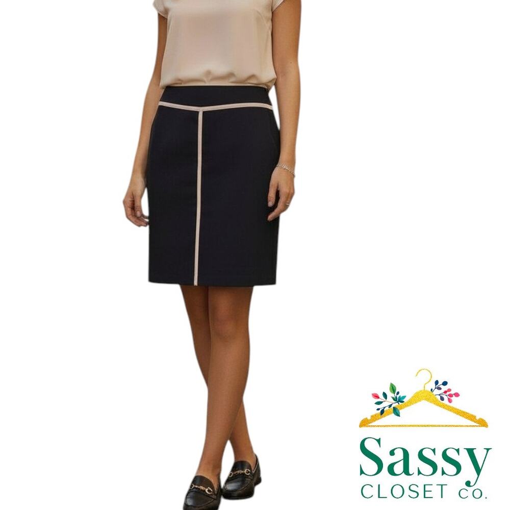 ✨ ANN TAYLOR Navy Ponte A-Line Skirt 10 Contrast White Trim Preppy 💙
